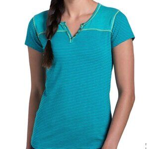 Kuhl Veloce Short Sleeve Striped Henley Shirt Women's Size XL Mountain Jade EUC!